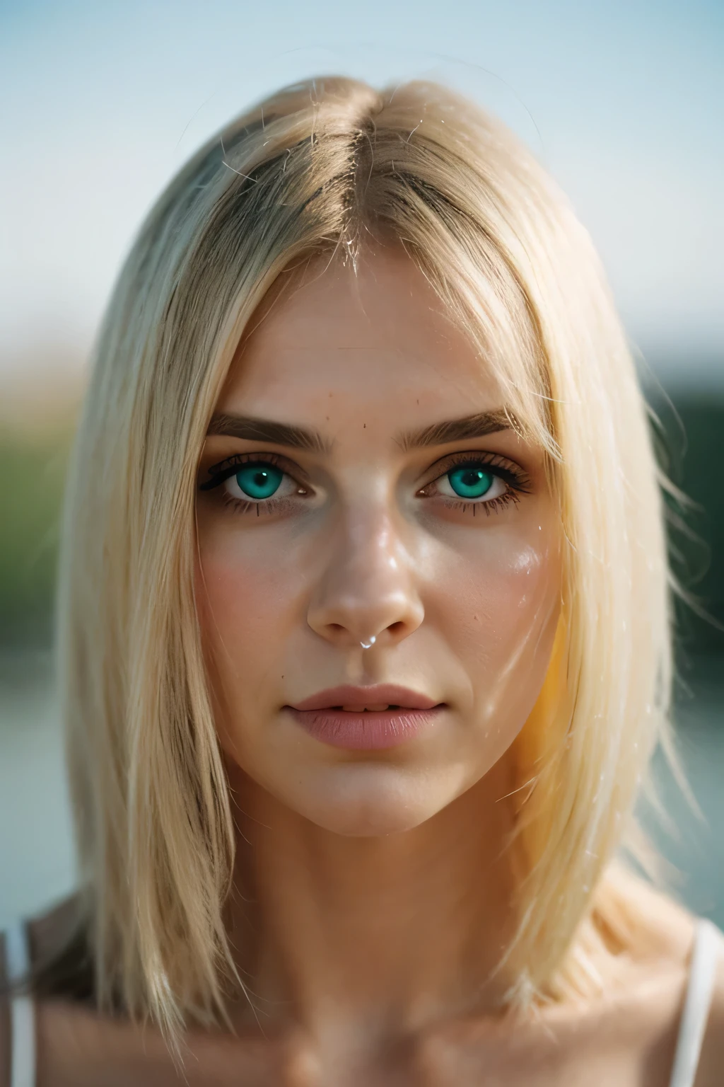 Best quality, masterpiece ,White hair, green eyes, white clothes, Looking straight into the camera, half body part, strand of blonde hair ,bright skin, loose hair 