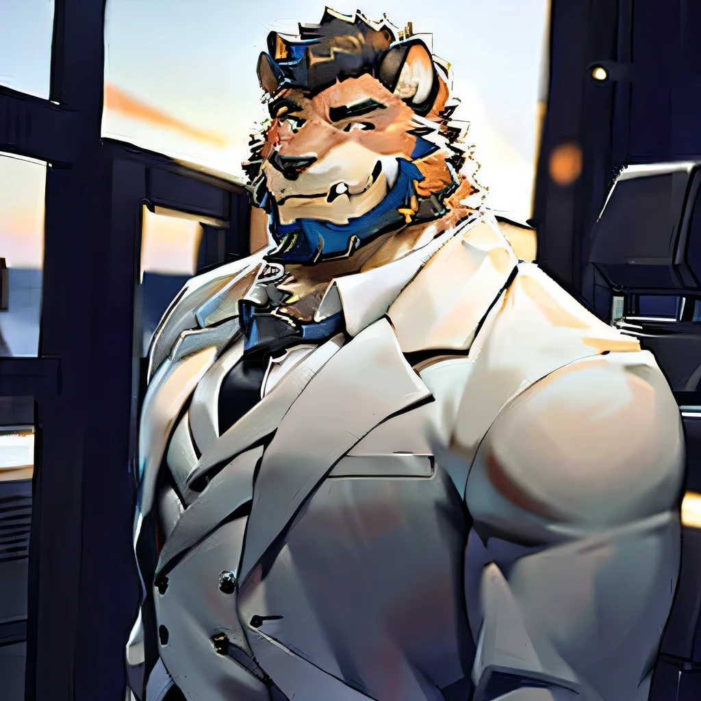 (morning), 1 boy, solo, Looking at the audience, summer, Smile,Muscle Man,Bearded,middle aged,suit,quality,Rich colors,Extremely detailed,Full body close-up,Refined style