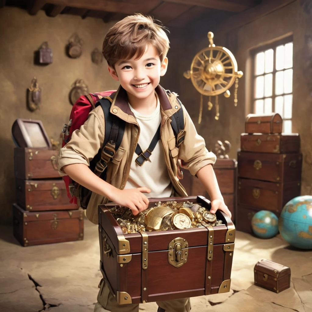 Boy Explorer，Adventurer、Treasure chest in background、Treasure in the background、Cool pose、smile