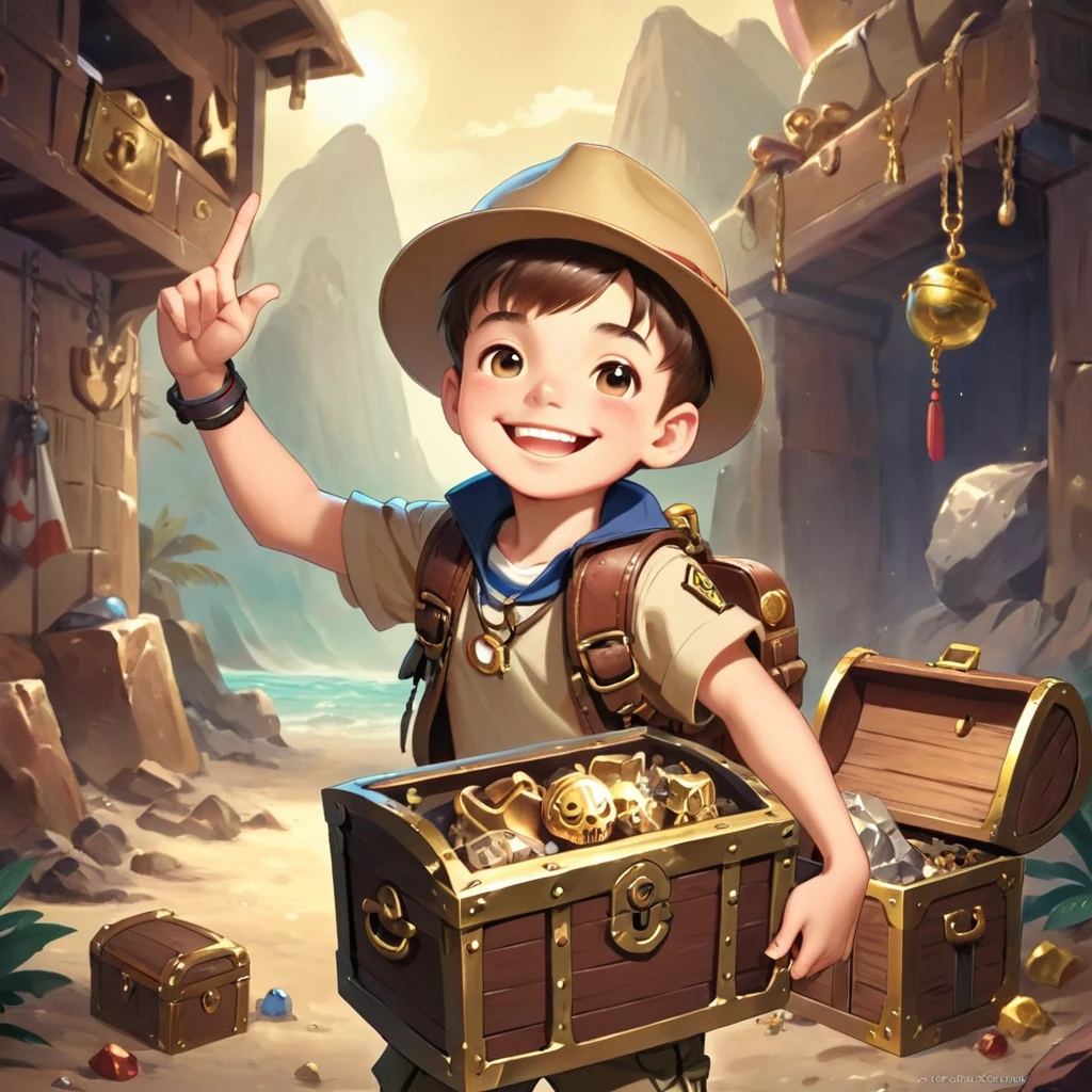Boy Explorer,Adventurer、Treasure chest in background、Treasure in the background、Cool pose、smile