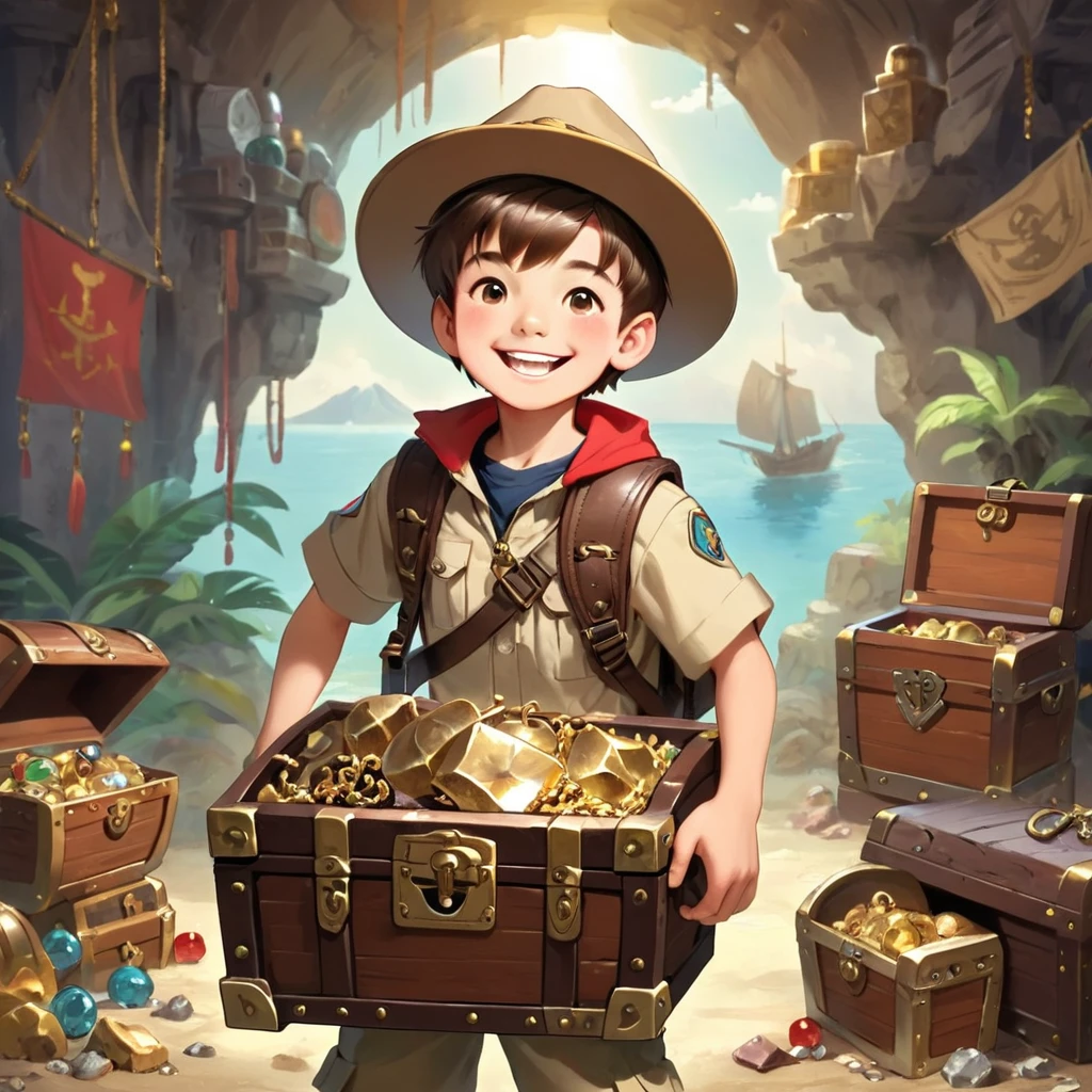 Boy Explorer，Adventurer、Treasure chest in background、Treasure in the background、Cool pose、smile