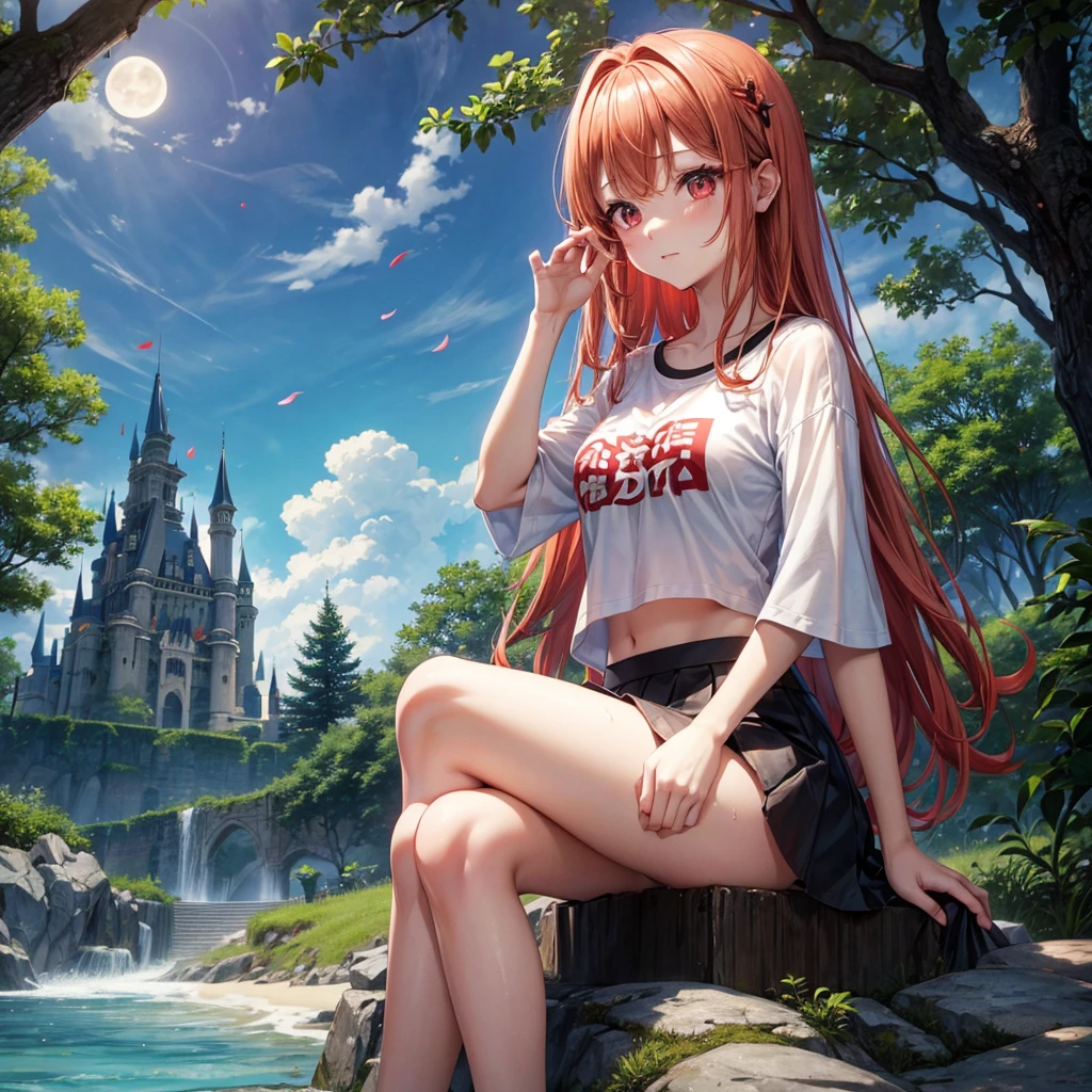 Red-blonde、Red eyes、One cute girl、solo、And soul、Light clothing、Checked mini skirt、petal、Wet hair、Sit on、black t-shirts、large tree、cloud、full moon、monster castle、lanthanum、Hell&#39;s Gate、Craft Gatekeeper、barefoot、Stones are piled up、Teeth are visible、Secret Treasure、Wooden chair、Wooden fence on fire、laurel ring