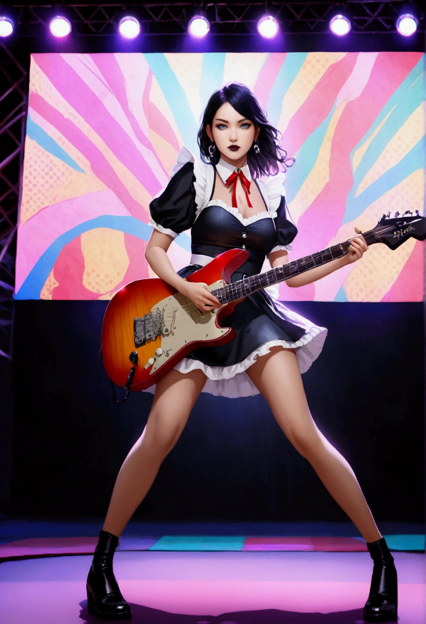 Black Hair、Realistic:1.2, 黒いMaid clothes,Slim figure、Normal bust size、 highly Realistic photograph,  Full Body Shot, １2 electric guitars, Maid clotheaid clothes,Earrings Dark lipstick, blue eyes,Red ribbon, Beautiful and perfect legs, Confident expression ,Dynamic pose, Dynamic Lighting, Colorful Stage,Colorful stage lighting, Aria Alexa 65, 50mm lens