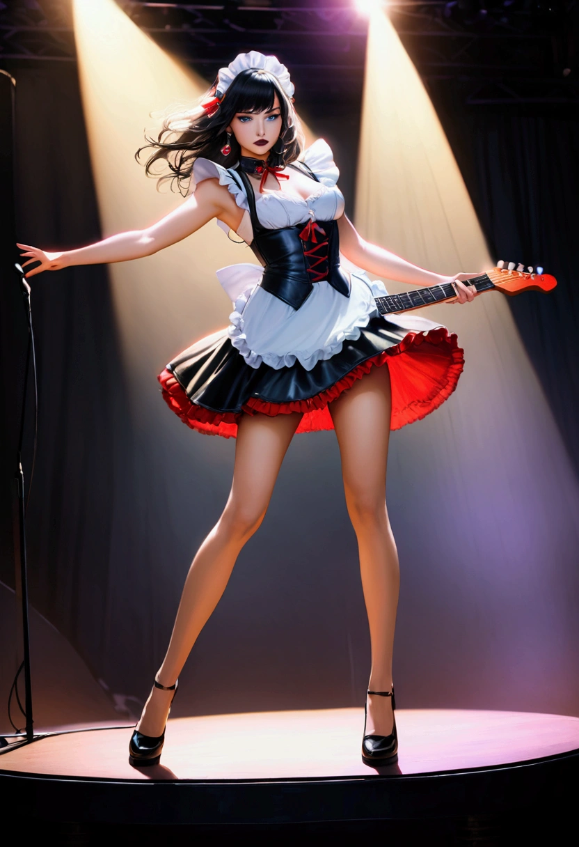 Black Hair、Realistic:1.2, 黒いMaid clothes,Slim figure、Normal bust size、 highly Realistic photograph, Full Body Shot, 12 electric guitars, Maid clotheaid clothes,Earrings Dark lipstick, blue eyes,Red ribbon, Beautiful and perfect legs, Confident expression ,Dynamic pose, Dynamic Lighting, Colorful Stage,Colorful stage lighting, Aria Alexa 65, 50mm lens