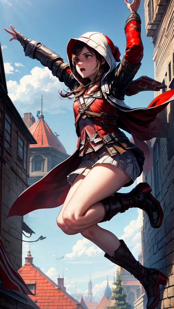 girl from Assassin's Creed jumping from roof to roof, in a hood, in black and red