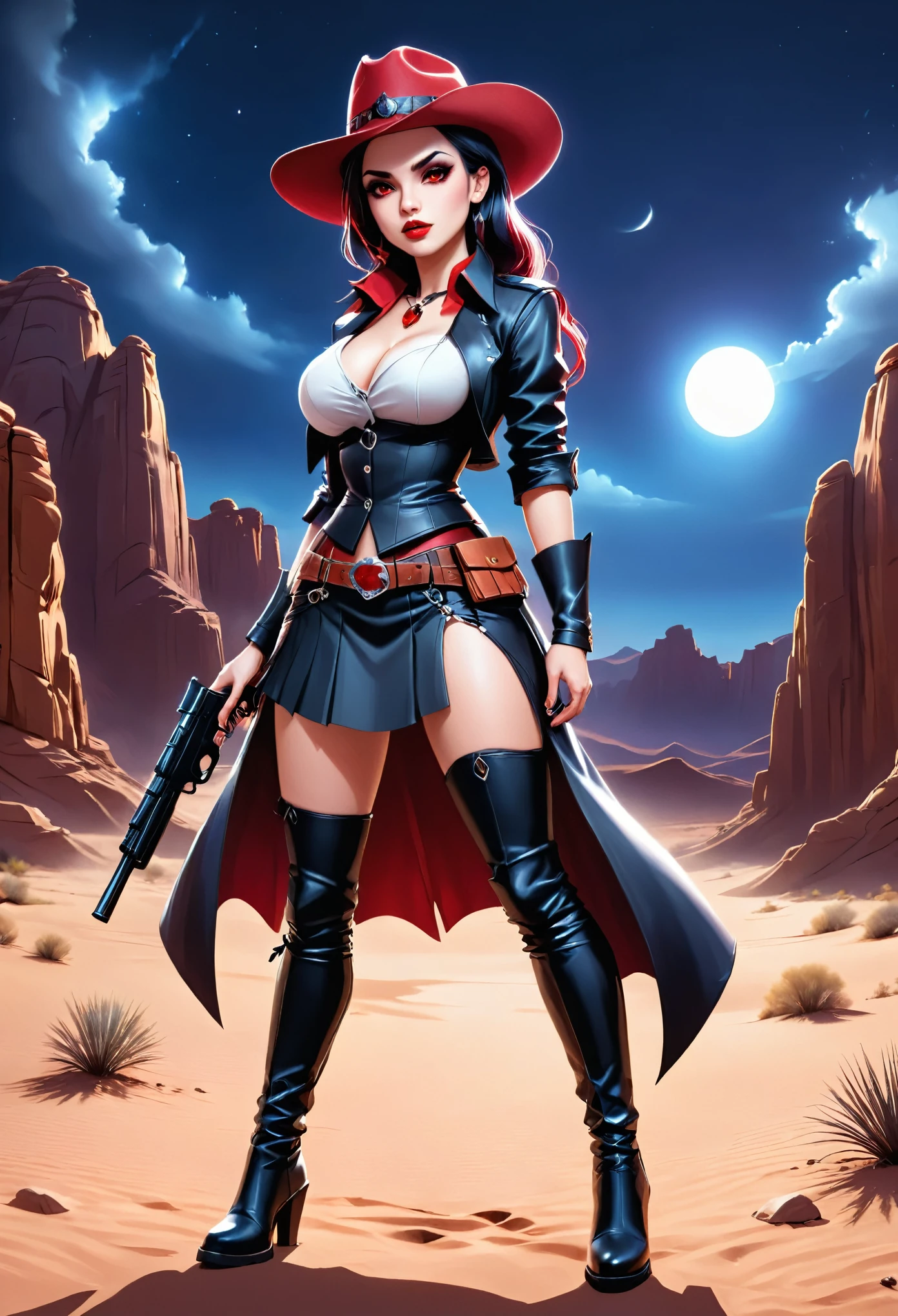 a picture of a female vampire cowboy in the desert night, a goth beauty, exquisite beautiful female vampire, ((anatomically correct: 1.5), (ultra detailed face: 1.2), best detailed face, red glowing eyes, full body, busty, wearing white bottom shirt, short skirt, dynamic color. wearing (Gambler Crease hat: 1.2), wearing high heeled boots, she has a gun in a holster, it is night time in the desert, moon light. moon rays, west America desert canyon background, Hyperrealism style, vibrant, Ultra-high resolution, High Contrast, (masterpiece:1.5), highest quality, Best aesthetics), best details, best quality, highres, ultra wide angle, 16k, [ultra detailed], masterpiece, best quality, (extremely detailed) RAW, chumbasket art style, rpg portrait photograph, magical sky