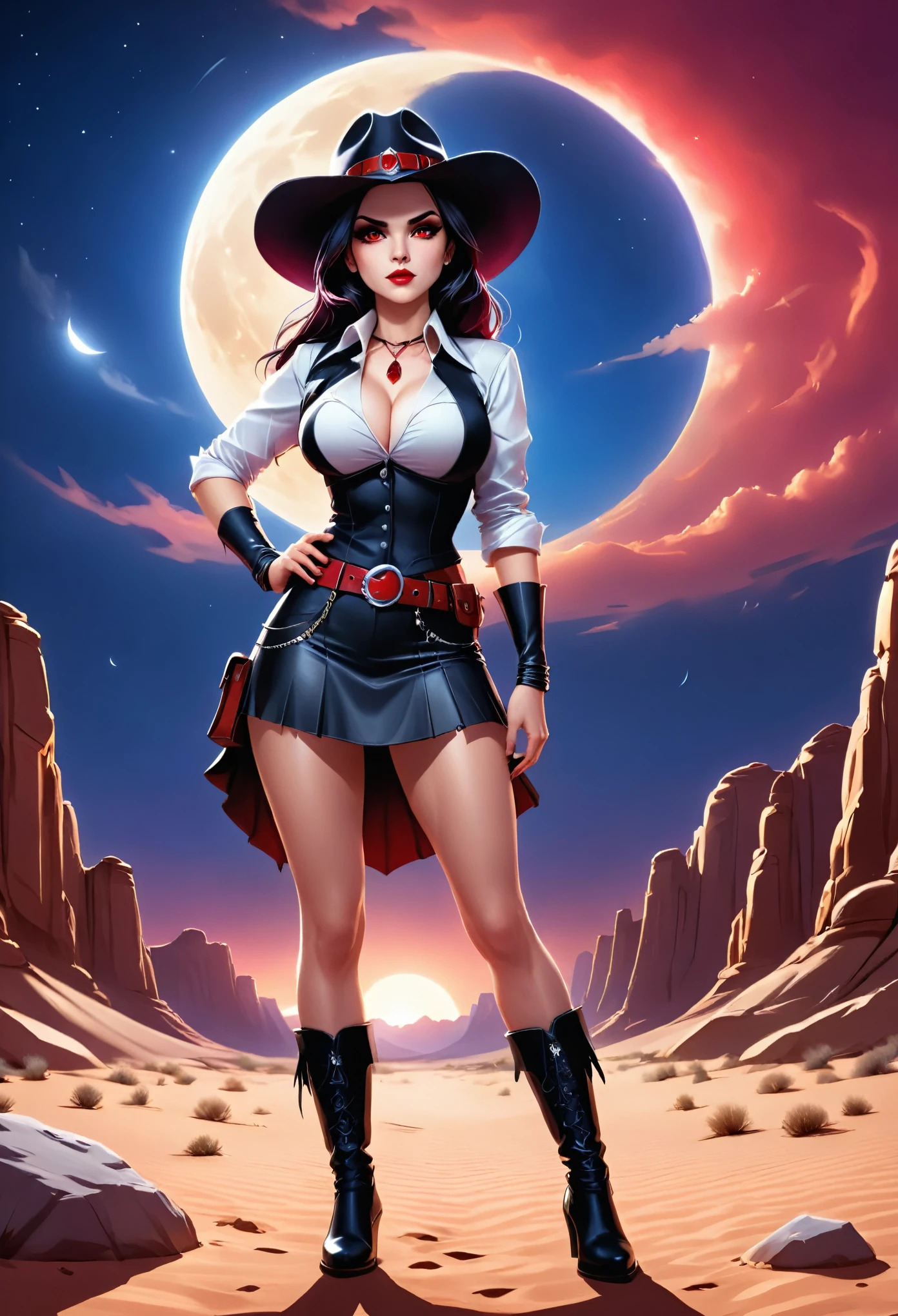 a picture of a female vampire cowboy in the desert night, a goth beauty, exquisite beautiful female vampire, ((anatomically correct: 1.5), (ultra detailed face: 1.2), best detailed face, red glowing eyes, full body, busty, wearing white bottom shirt, short skirt, dynamic color. wearing (Gambler Crease hat: 1.2), wearing high heeled boots, she has a gun in a holster, it is night time in the desert, moon light. moon rays, west America desert canyon background, Hyperrealism style, vibrant, Ultra-high resolution, High Contrast, (masterpiece:1.5), highest quality, Best aesthetics), best details, best quality, highres, ultra wide angle, 16k, [ultra detailed], masterpiece, best quality, (extremely detailed) RAW, chumbasket art style, rpg portrait photograph, magical sky