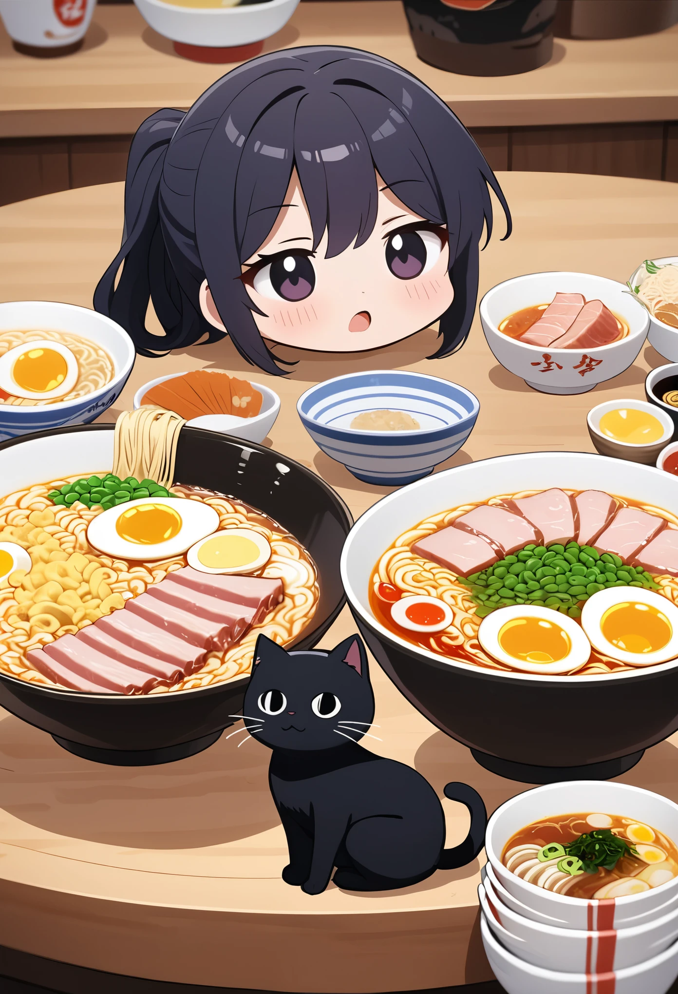 Masterpiece 1.1,Highest quality，2D Animation，狭いRamen shop，Counter seats，Ramen shop，Bright interior，１Two Jiro-style ramen，The vessel is white，A red saucer underneath the dish，Ramen comes with 5 slices of pork，3 halved boiled eggs in ramen，Shiny，Ramen with a mountain of bean sprouts，hot々，Black cat next to ramen，1 black cat，The black cat&#39;s mouth is white，The black cat&#39;s paws have white fur，Very beautiful black cat，The black cat is interested in ramen，A woman behind the counter，Bangs are blunt，Brown Hair，short hair，30th Generation，Fair skin makeup，Big Eyes，Gloss Lip，T-Shirts，Navy blue apron，fine，smile，Glamour，looking at the camera，The camera is diagonally above、