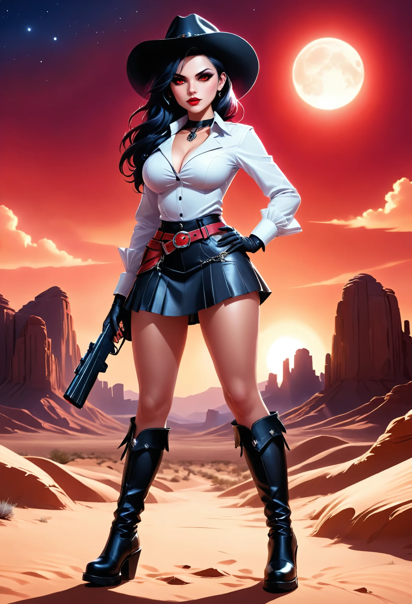 a picture of a female vampire cowboy in the desert night, a goth beauty, exquisite beautiful female vampire, ((anatomically correct: 1.5), (ultra detailed face: 1.2), best detailed face, red glowing eyes, full body, , wearing white bottom shirt, short skirt, dynamic color. wearing (Gambler Crease hat: 1.2), wearing high heeled boots, she has a gun in a holster, it is night time in the desert, moon light. moon rays, west America desert canyon background, Hyperrealism style, vibrant, Ultra-high resolution, High Contrast, (masterpiece:1.5), highest quality, Best aesthetics), best details, best quality, highres, ultra wide angle, 16k, [ultra detailed], masterpiece, best quality, (extremely detailed) RAW, chumbasket art style, rpg portrait photograph, magical sky