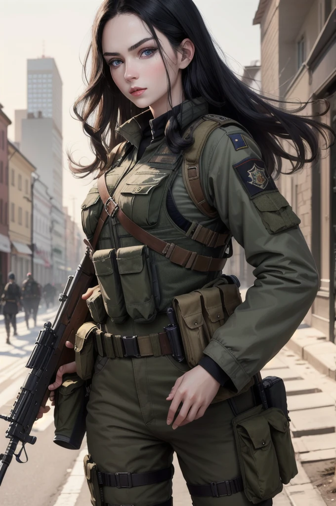 HD quality, black hair girl russian traits, blue eyes, attractive face, pale skin, military uniform, bulletproof vest, rifle in hand,photorealistic,photo 8k