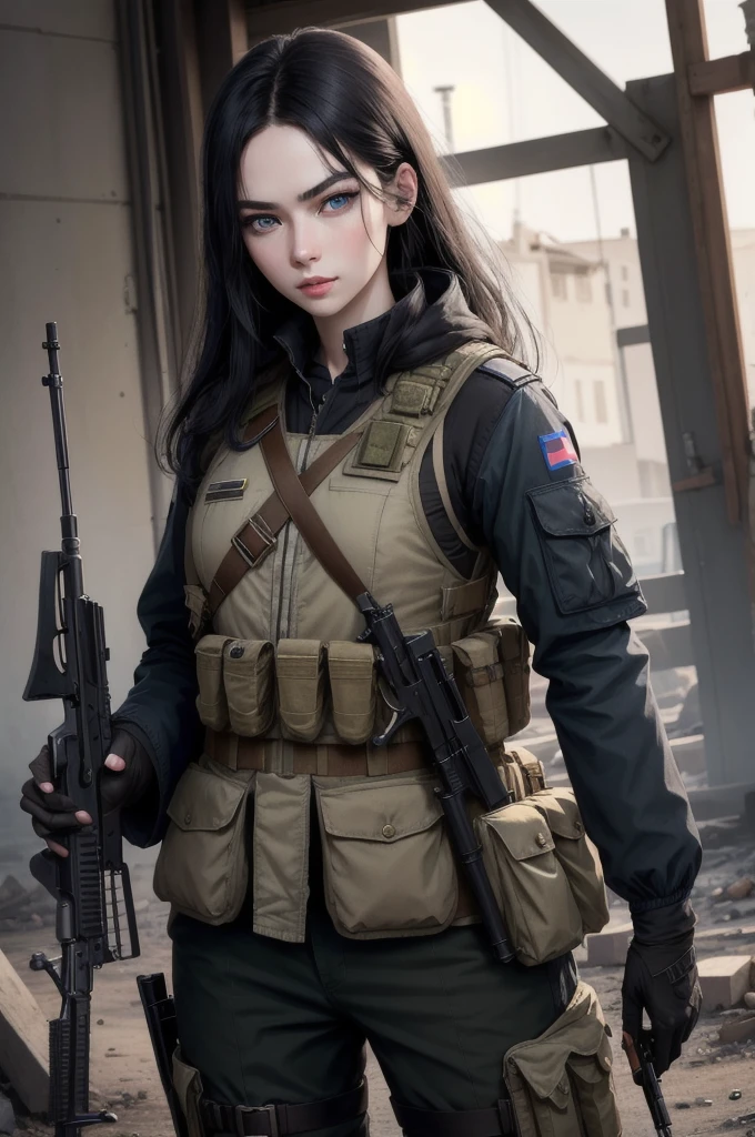 HD quality, black hair girl russian traits, blue eyes, attractive face, pale skin, military uniform, bulletproof vest, rifle in hand,photorealistic,photo 8k