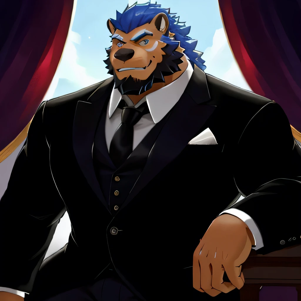 (morning), 1 boy, solo, Looking at the audience, summer, Smile,Muscle Man,Bearded,middle aged,suit,quality,Rich colors,Extremely detailed,Full body close-up,Refined style