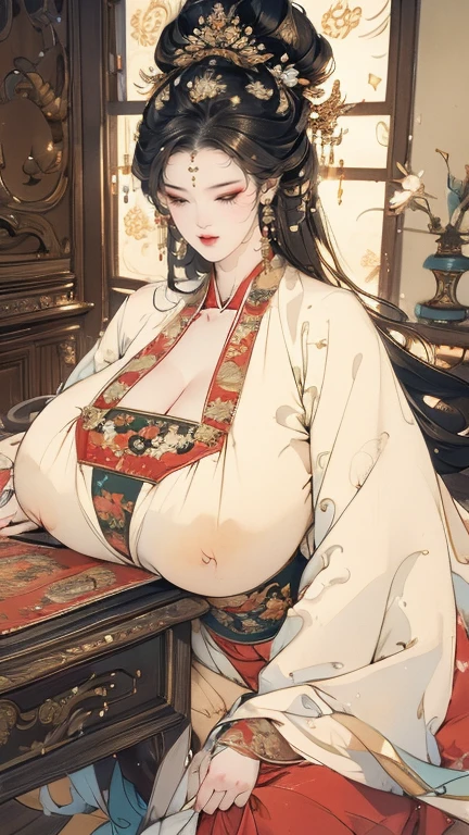 a beautifully detailed portrait of a woman wearing traditional hanfu with realistic large eyes, huge breasts, and a curvy voluptuous figure, smiling with legs spread wide and hips thrusting against a desk edge, revealing intimate details like pubic hair, large areolas, and explicit sexual activity, in an old-fashioned, high-quality, photorealistic style with vivid colors, HDR, and masterful lighting