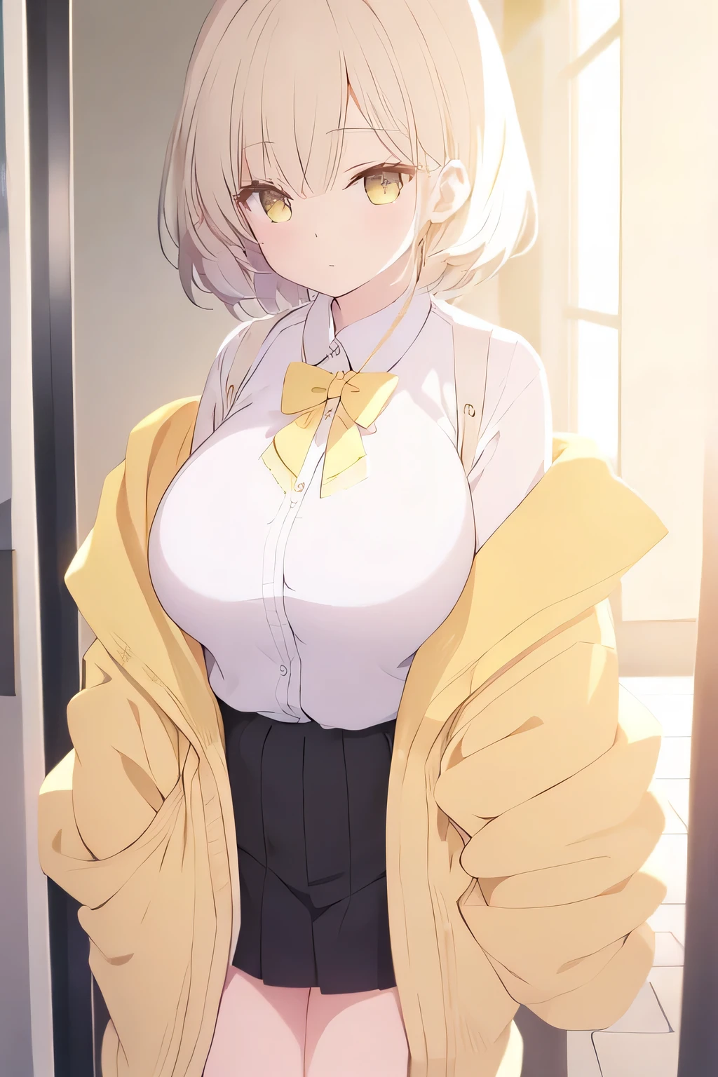 Anime, short ash-colored hair, white skin, Wear a skirt,Passtel yellow cardigan, light yellow eyes, big breasts, Hair behind the ear