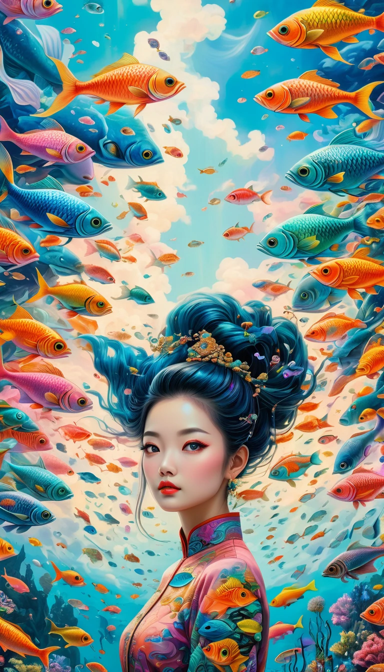 A woman stands in front of a colorful painting of a school of fish in the sky, Chinese and English 1 Eyes, Psychedelic surrealist art, Epic surrealist 8k oil painting, Psychedelic illustration, Otherworldly visuals, Visionary Art Style, Fantasy painting, Detailed 4k, DMT visuals, Ultra-detailed fantasy art, Psychedelic art style, Ultra-detailed fantasy art, Highly detailed fantasy art