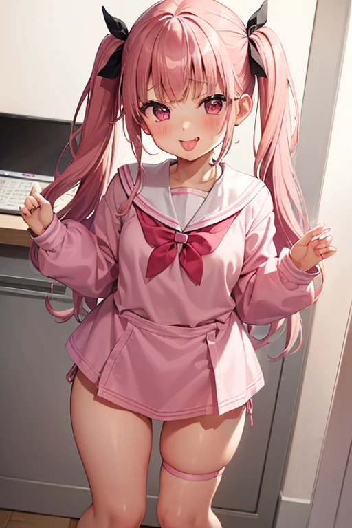 pretty girl、Young face、Pink Hair、Twin tails、Wavy Hair、Pink eyeischievous face、Spoiled brat、uniform、(Sailor suit)、Immature body、Small breasts、Sticking out tongue、Long and cute tongue、smile、Sweat、sexy panties、(Thick thighs:1.5)