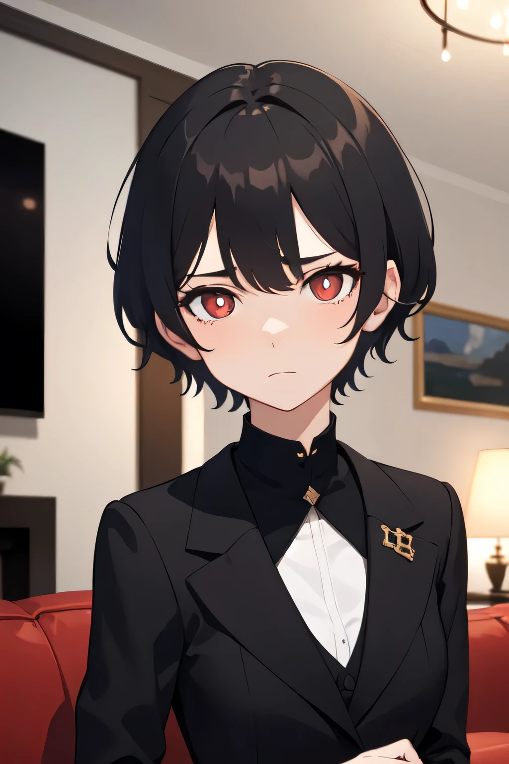 short black hair, women, , slim, elegant black suit, red pupils, plano frontal, looking to the camera, stoic and listless expression. Elegant living room background. 