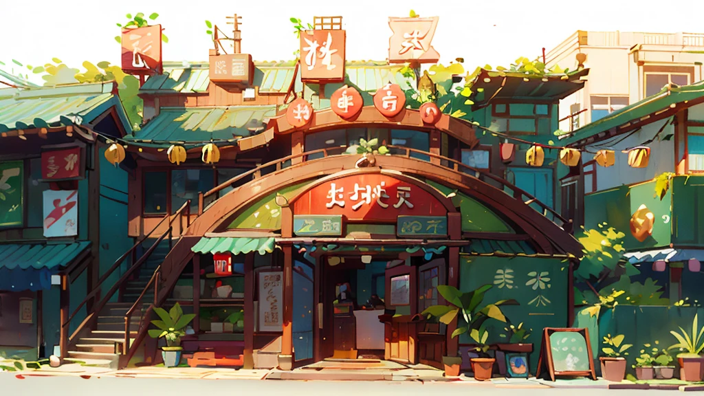 Daytime scene on a bustling street, featuring a two-story Chinese vintage restaurant with sleek glass facade, adorned with verdant potted plants by its entrance.