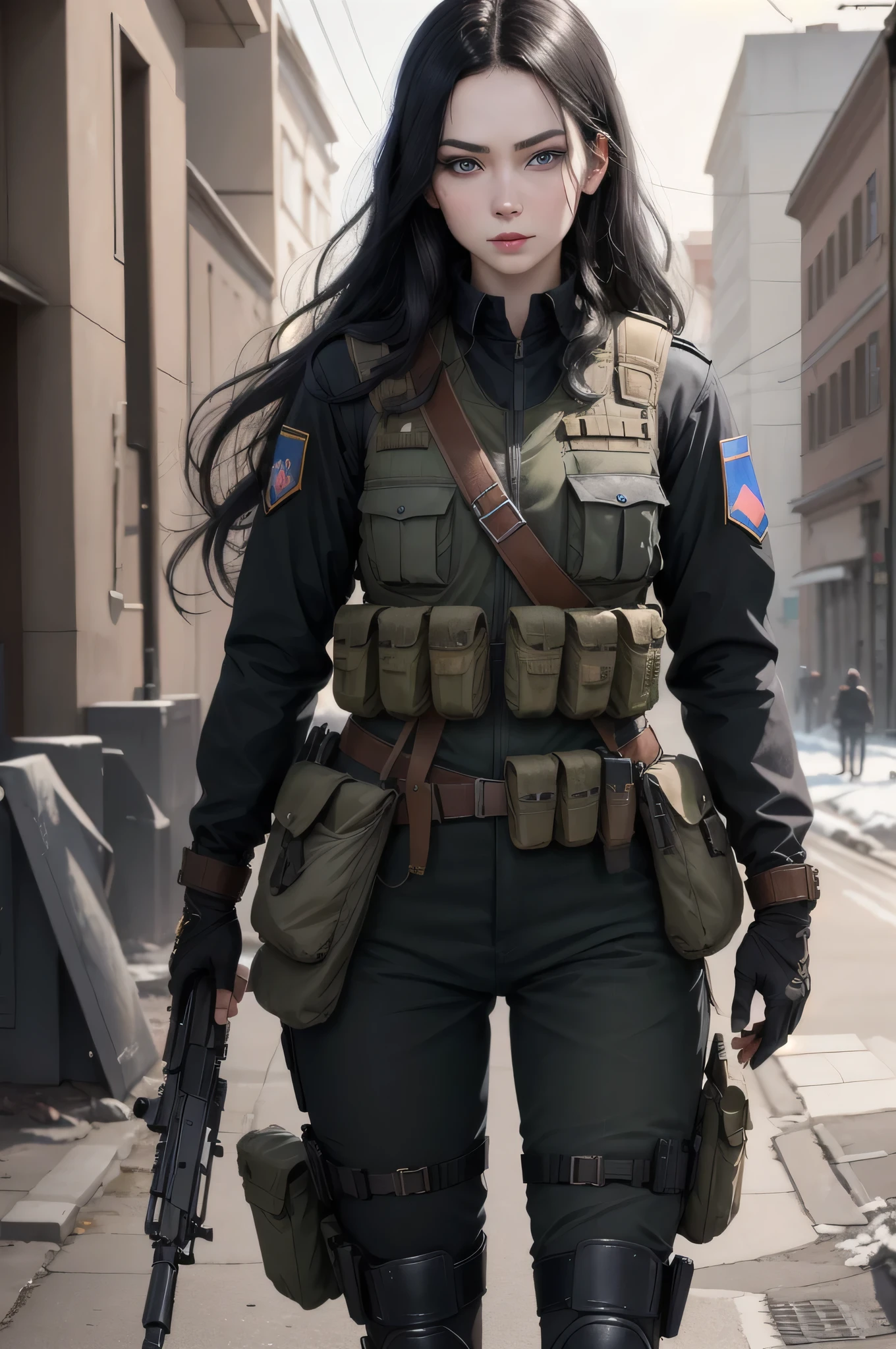 HD quality, black hair girl russian traits, blue eyes, attractive face, pale skin, military uniform, bulletproof vest, rifle in hand,photorealistic,photo 8k