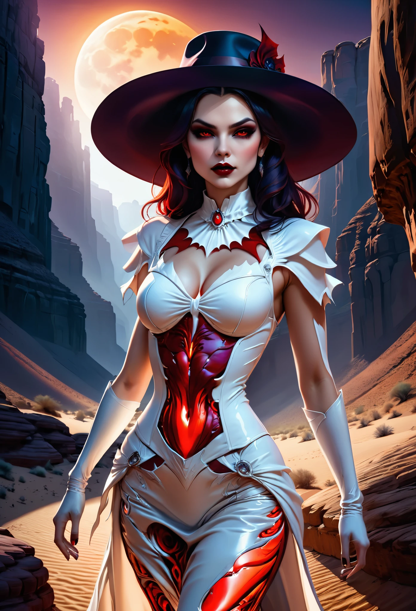 a picture of a female vampire cowboy in the desert night, a goth beauty, exquisite beautiful female vampire, ((anatomically correct: 1.5), (ultra detailed face: 1.2), best detailed face, red glowing eyes, full body, busty, wearing white bottom shirt, short skirt, dynamic color. wearing (cowboy hat: 1.2), wearing high heeled boots, it is night time in the desert, moon light. moon rays, west America desert canyon background, Hyperrealism style, vibrant, Ultra-high resolution, High Contrast, (masterpiece:1.5), highest quality, Best aesthetics), best details, best quality, highres, ultra wide angle, 16k, [ultra detailed], masterpiece, best quality, (extremely detailed) RAW, chumbasket art style, BloodSoakedAI, gothichorrorAI