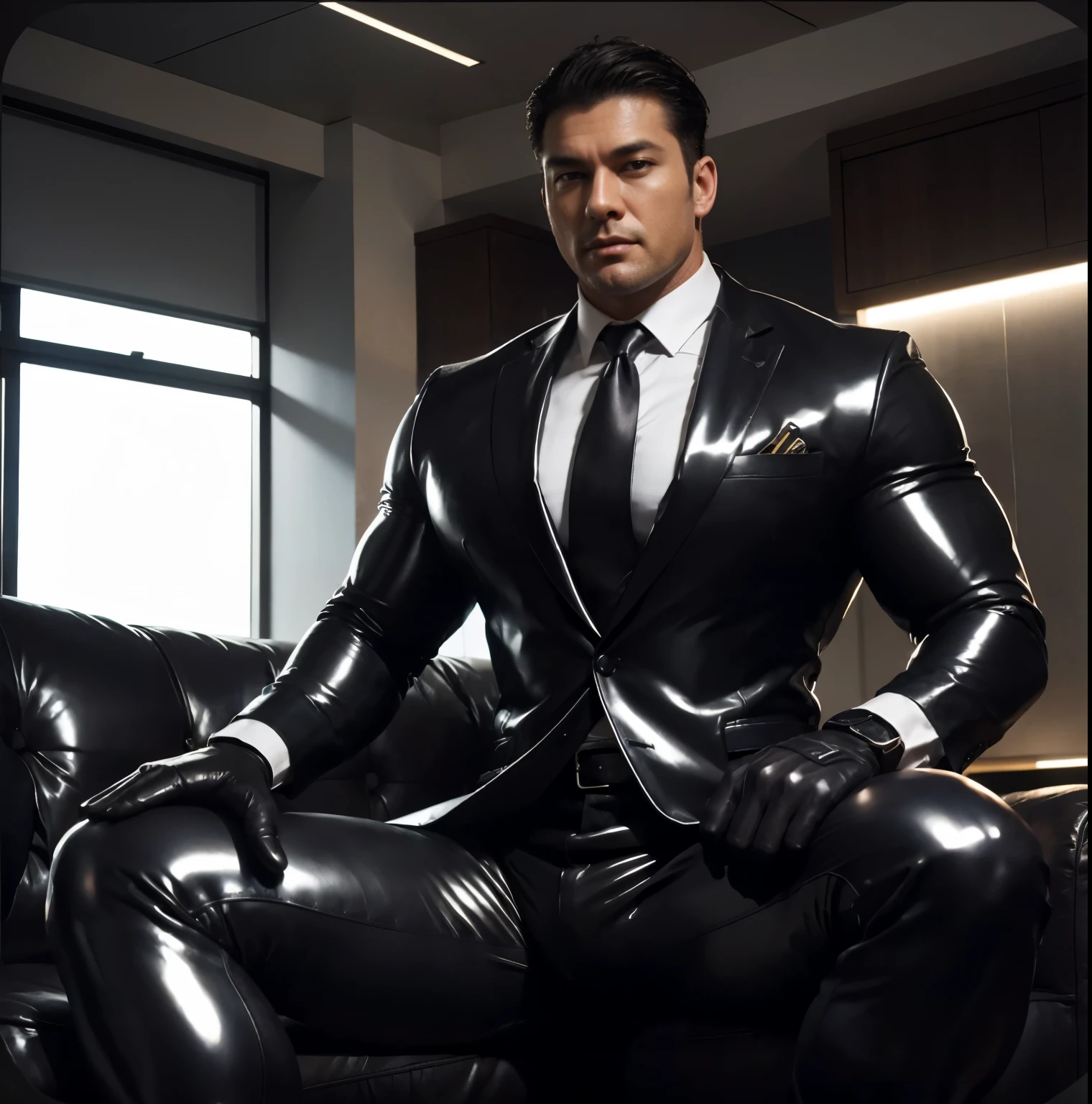 30 years old, The young daddy, very handsome, wear "shiny, tight-fitting body suit", wear white shirt, very glossy pants, necktie, waistcoat, shiny satin trousers, wear leather belts, dark gray satin fabric ,Dad sit back against the chair and spread your legs, k hd,in the office,"big muscle", "Dad is so big" , masculine hairstyle, asia face, masculine, strong man, the boss is, handsome, leather gloves, lecherous dad, look straight ahead,dad is handsome,dad is handsome, dad is "big horny daddy"