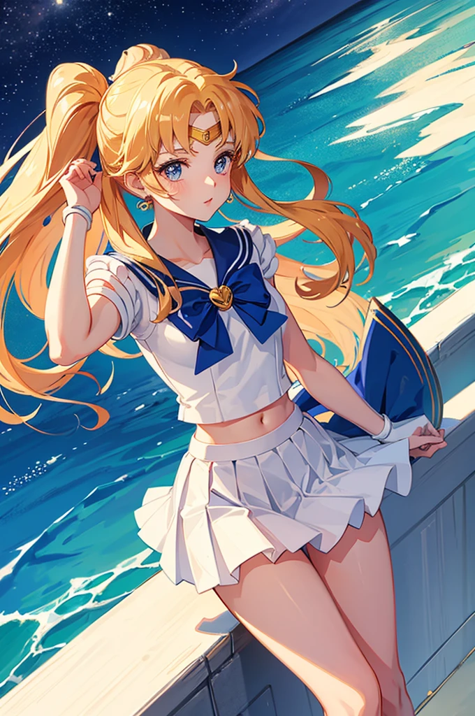 Cute girl in flowing skirt, Sailor Moon, letting her hair down.