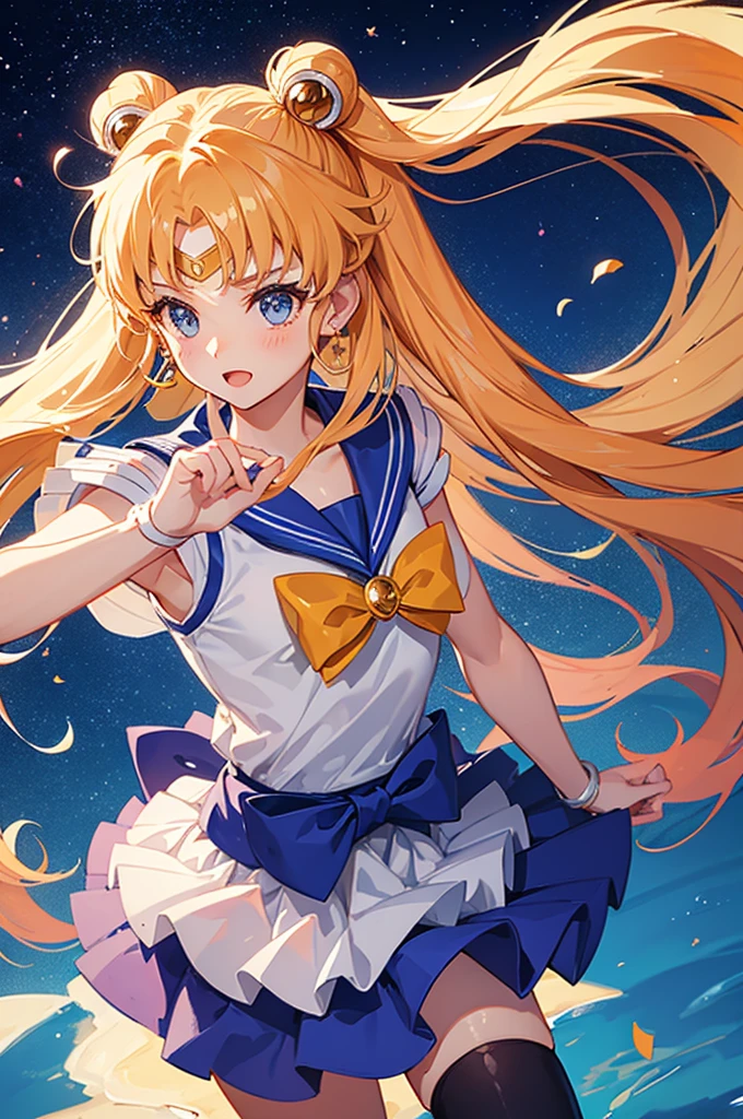 Cute girl in flowing skirt, Sailor Moon, letting her hair down.