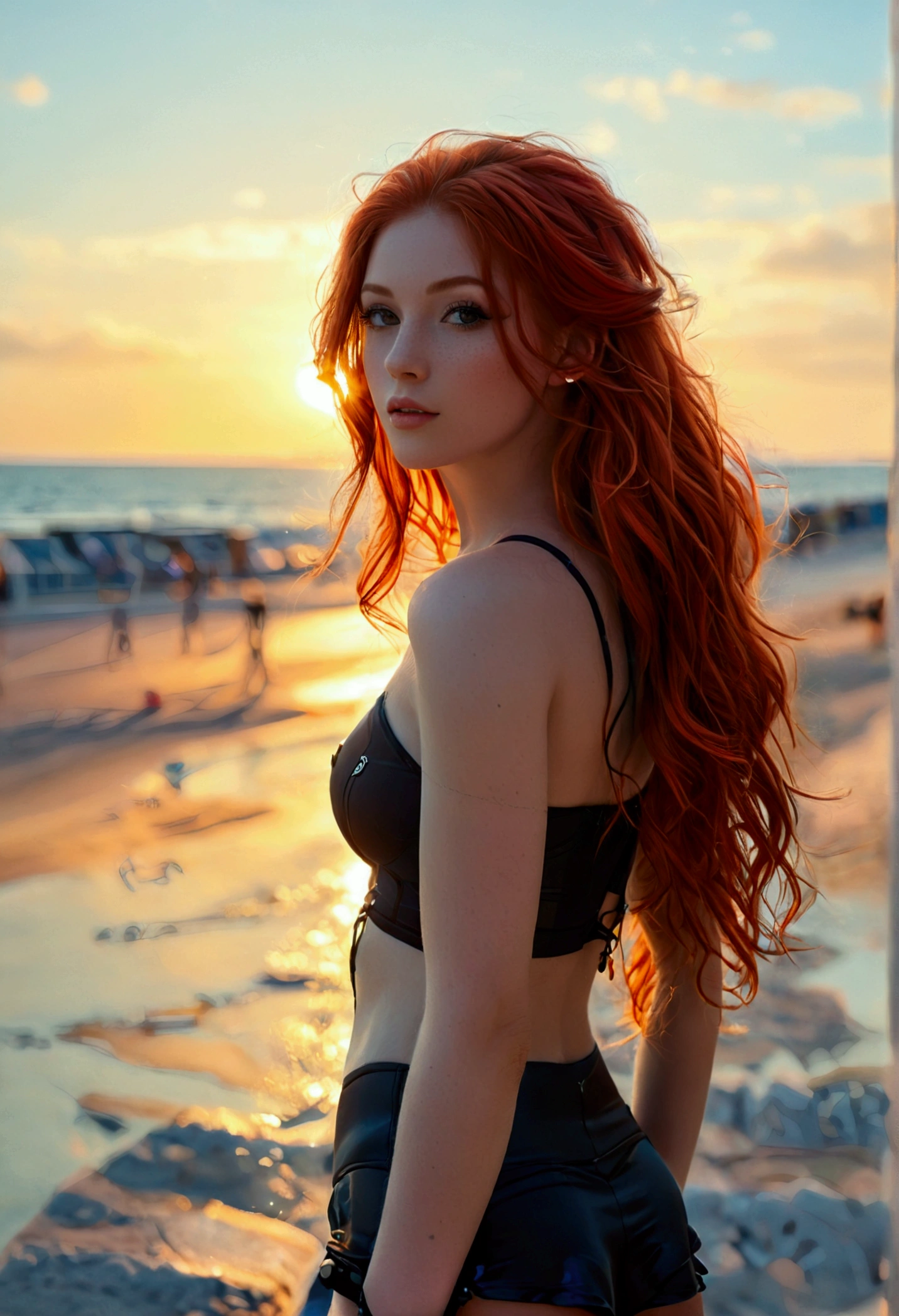ultra realistic, photography, long red hair, girl, 24 years old, hourglass figure, perfect body, small breasts, Flirty look, extremely detailed artgerm, in the style artgerm, facing the camera, lens 35 mm, blur background, on a pavewalk near the beach, inline-skating, sport outfit