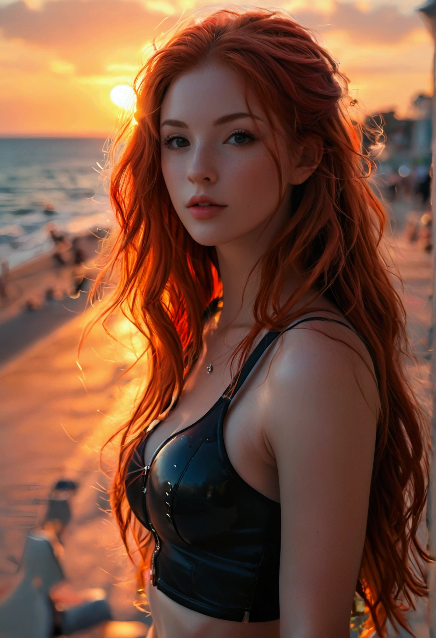 ultra realistic, photography, long red hair, girl, 24 years old, hourglass figure, perfect body, small breasts, Flirty look, extremely detailed artgerm, in the style artgerm, facing the camera, lens 35 mm, blur background, on a pavewalk near the beach, inline-skating, sport outfit