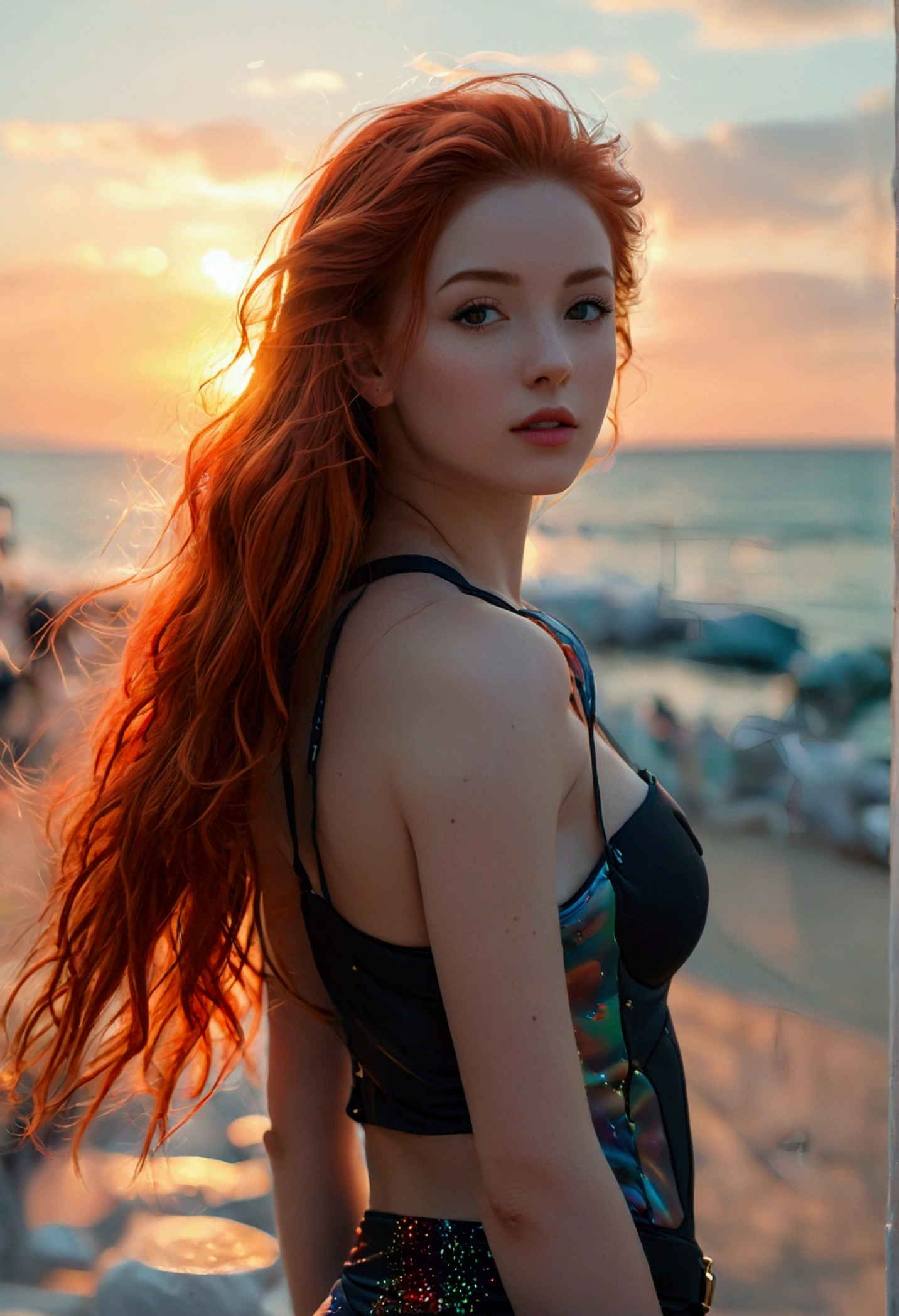 ultra realistic, photography, long red hair, girl, 24 years old, hourglass figure, perfect body, small breasts, Flirty look, extremely detailed artgerm, in the style artgerm, facing the camera, lens 35 mm, blur background, on a pavewalk near the beach, inline-skating, sport outfit