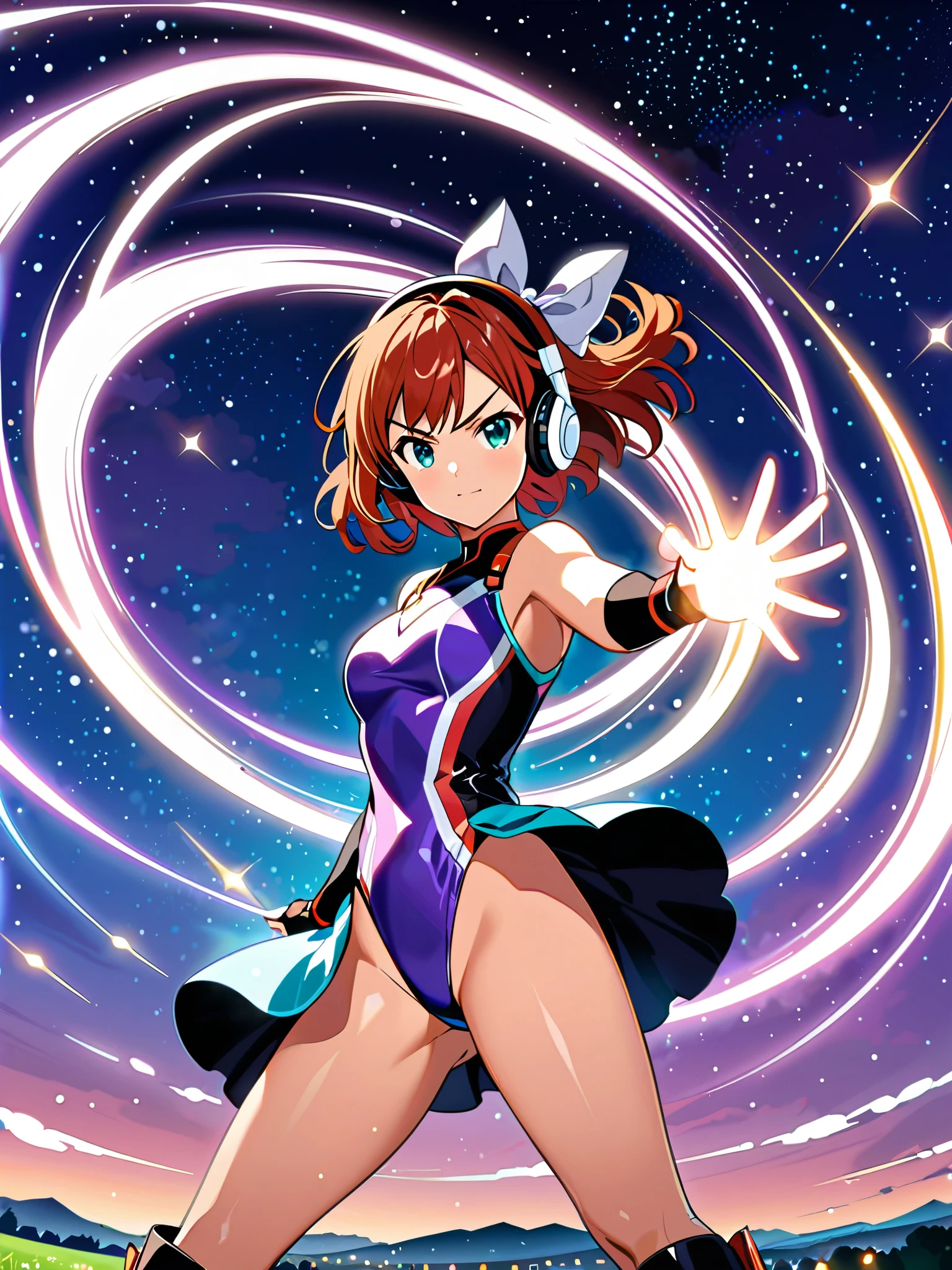 Masterpiece, Best Quality, High Resolution, Brown Hair, Bangs, Short Hair, Bangs, Braid, Aqua Eyes, V-shaped eyebrows, Headphones, perfect anatomy, cowboy shot, Purple and white leotard, thigh-high boots, matching boots, fingerless gloves, bare legs, dynamic spinning pose, sky backdrop, nighttime, outdoors, she super-spins, she spins in place like a tornado, spinning into a tornado. Diffraction Spikes, light particles, 1girl, Solo, Hair Between Eyes, Red Hair Bow, Anatomically Correct, Anime Style.