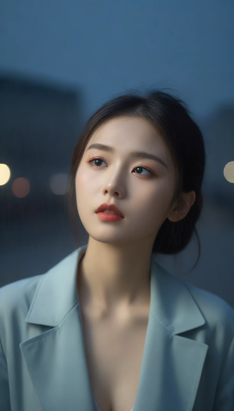 8K, Ultra-high resolution, best quality, masterpiece, Surrealism, photo,Three-Part Approach, 1 girl, (16 years old:1.3), pretty girl, Cute face, Beautiful eyes in every detail,(best quality,masterpiece:1.3,In 8K),(Practical:1.4,RAW Shooting,Caustics),of the night city,(heavy rain:1.2),Street Lights,(Street Lightsの光を反射して白く輝く雨粒:1.2),(The woman looked up at the sky),Zhongfa,Sad expression,long coat,Chest shooting,((Thin legs))、A bold gesture,Super cute supermodel、Look closely at the camera,鮮明なdetailed、detailed、Surrealism、Light and Shadow,glare,Fashion magazine cover,Thin lips