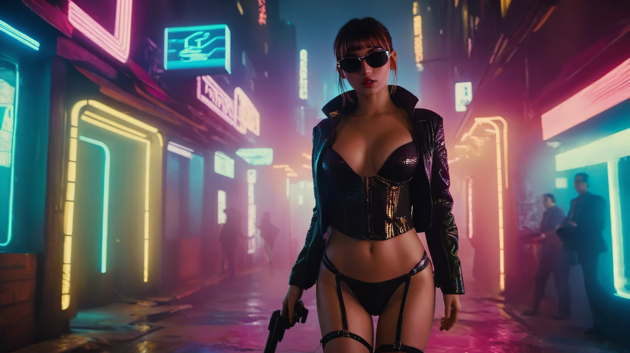 (aerial view), Blade Runner style futuristic alley at night, (flying cars), neon lights. (1girl, solo, alone), large-breast:1.2 slim body, cleavage:1.1, sexy micro laced lingerie with jacket, (black sunglasses), ((she raised a pistol:1.8 and shot the viewer)), dynamic pose, ((half-body thigh level medium shot)), cinematic lighting, lens flare, ray tracing.
