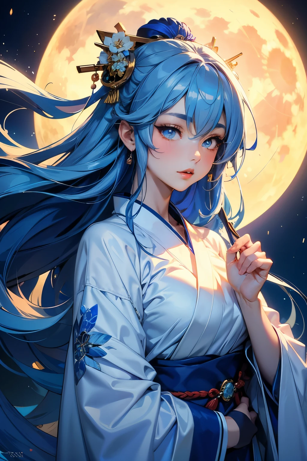 I'm a woman in my 20s。It is the figure of a blue shrine maiden.,She is a beautiful goddess。Upper body close-up。Wearing a white kimono。The moon is the background,A charming female deity。hair color is light blue。resolution,8k、masterpiece