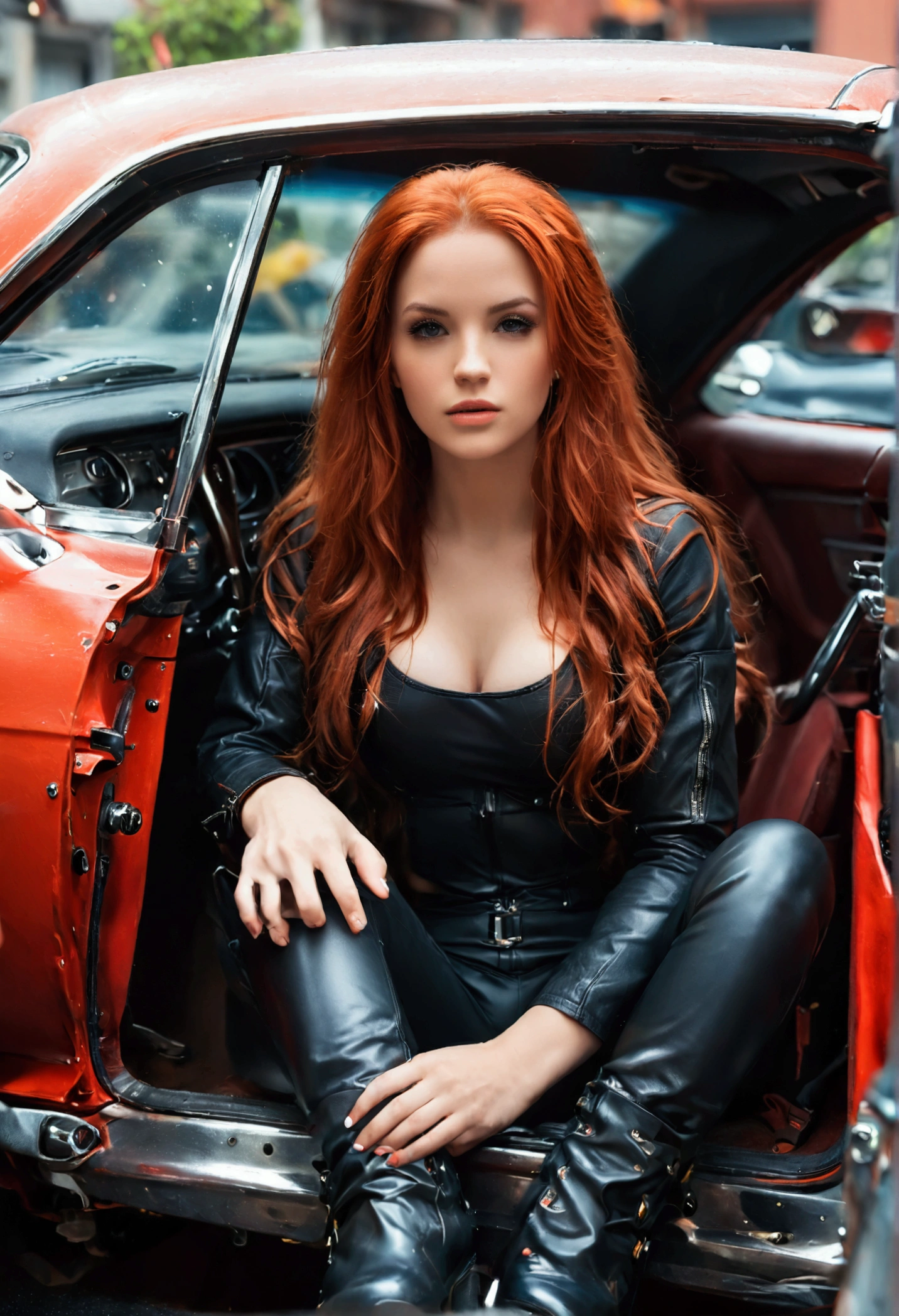 ultra realistic, photography, long red hair, girl, 24 years old, hourglass figure, perfect body, small breasts, Flirty look, extremely detailed artgerm, in the style artgerm, facing the camera, lens 35 mm, blur background, black chevrolet camaro SS 1968, sitting in the drivers seat with door open and feet on the ground on the street, leather jacket, tight tshirt, leatherpants, leatherboots, 