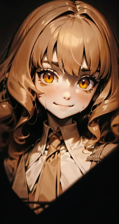 { 4k wallpaper : illustration : beautiful detailed eyes : extremely detailed face : perfect lighting : extremely detailed CG } { half-monochrome filter }{ horror gloomy atmosphere} { dark horror theme } { in a dark  room } { possessed Hermione Granger : curly brown hair  : glowing yellow eyes : lolicon : perfectly small shape breast : perfectly smooth fit  body : cute face : dress :  : looking at viewer : smug : devious grin : sweating : teeth } {  } { smooth }