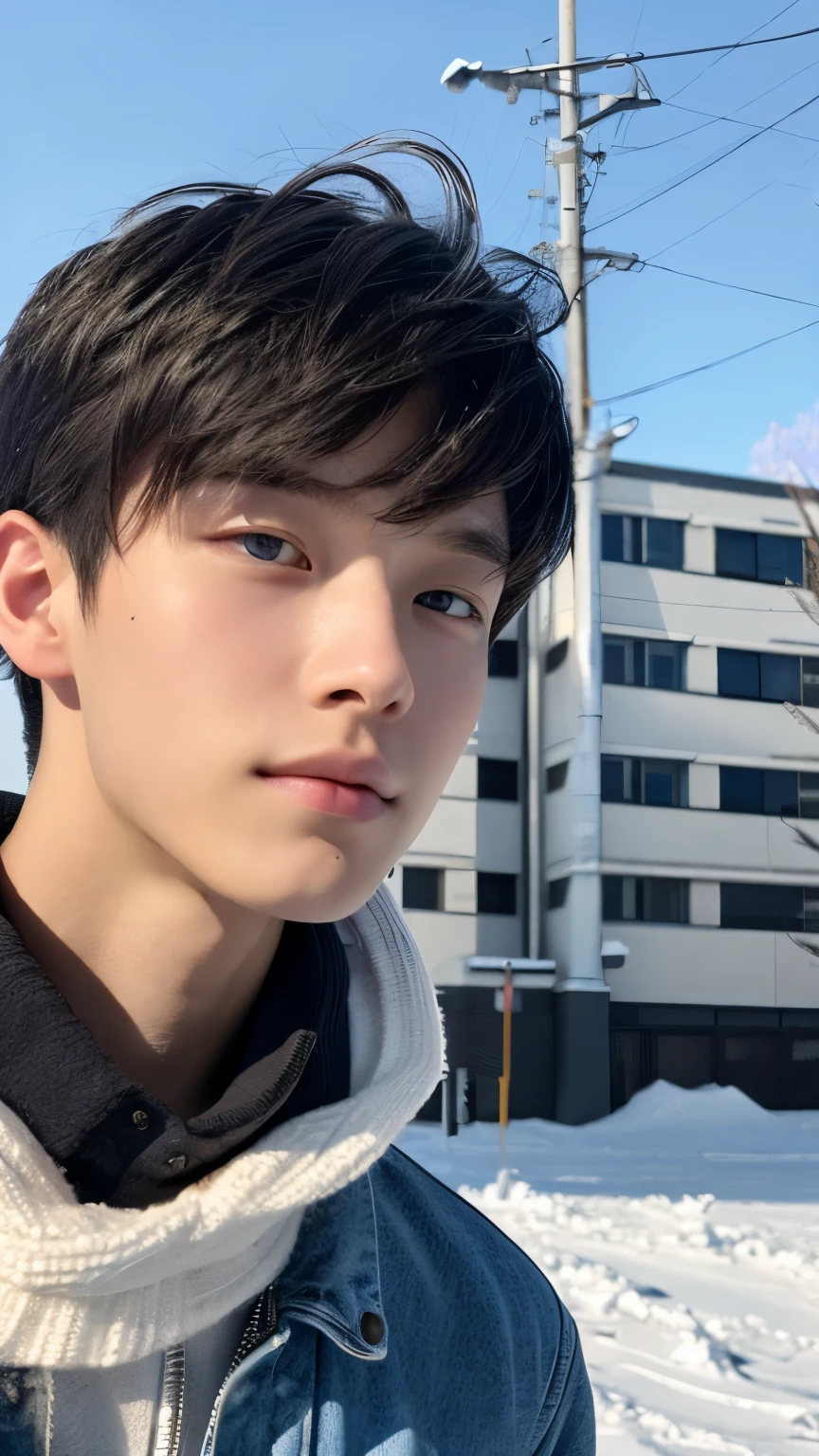 Highest quality, masterpiece, Ultra-high resolution, (Realistic: 1.4), Original photo, wallpaper, Head Photo, skin, Simple Background, Iris, detailed, Selfie, 1 boy, 18-year-old, good looking, Wind,Snow Scene,bright skin