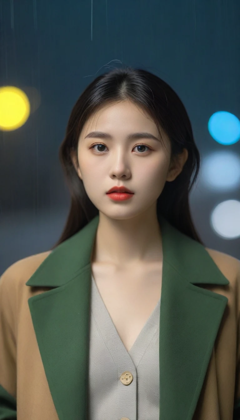8K, Ultra-high resolution, best quality, masterpiece, Surrealism, photo,Three-Part Approach, 1 girl, (16 years old:1.3), pretty girl, Cute face, Beautiful eyes in every detail,(best quality,masterpiece:1.3,In 8K),(Practical:1.4,RAW Shooting,Caustics),of the night city,(heavy rain:1.2),Street Lights,(Street Lightsの光を反射して白く輝く雨粒:1.2),(The woman looked up at the sky),Zhongfa,Sad expression,long coat,Chest shooting,((Thin legs))、A bold gesture,Super cute supermodel、Look closely at the camera,鮮明なdetailed、detailed、Surrealism、Light and Shadow,glare,Fashion magazine cover,Thin lips