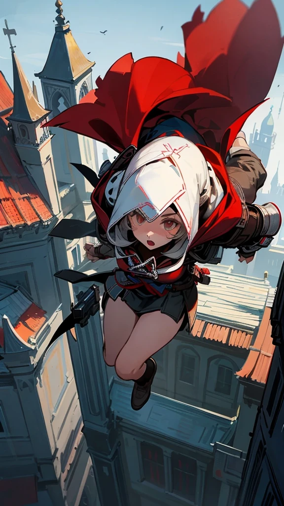 girl from Assassin's Creed jumping from roof to roof, in a hood, in black and red