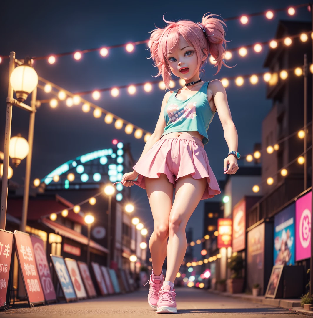 ((Chibi 3D))) Cute and beautiful chibi anime/Bob style hair mixed with pink, white and blue, wearing a colorful pink tank top, , 3d, artist name, blue eyes, blurry, blurry background, blurry foreground, bokeh, bridge, building, chain-link fence, christmas lights, chromatic aberration, city, city lights, cityscape, concert, copyright name, crowd, depth of field, east asian architecture, ferris wheel, glowstick, hair ornament, lamppost, letterboxed, lights, looking at viewer, motion blur, neon lights, night, night sky, open mouth, outdoors, photo \(medium\), photo background, pink hair, road, rooftop, shoes, shorts, skyline, skyscraper, smile, sneakers, solo, stadium, street, teeth, town, twintails