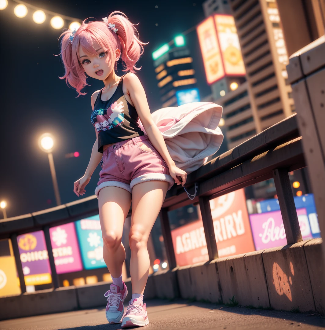 ((Chibi 3D))) Cute and beautiful chibi anime/Bob style hair mixed with pink, white and blue, wearing a colorful pink tank top, , 3d, artist name, blue eyes, blurry, blurry background, blurry foreground, bokeh, bridge, building, chain-link fence, christmas lights, chromatic aberration, city, city lights, cityscape, concert, copyright name, crowd, depth of field, east asian architecture, ferris wheel, glowstick, hair ornament, lamppost, letterboxed, lights, looking at viewer, motion blur, neon lights, night, night sky, open mouth, outdoors, photo \(medium\), photo background, pink hair, road, rooftop, shoes, shorts, skyline, skyscraper, smile, sneakers, solo, stadium, street, teeth, town, twintails