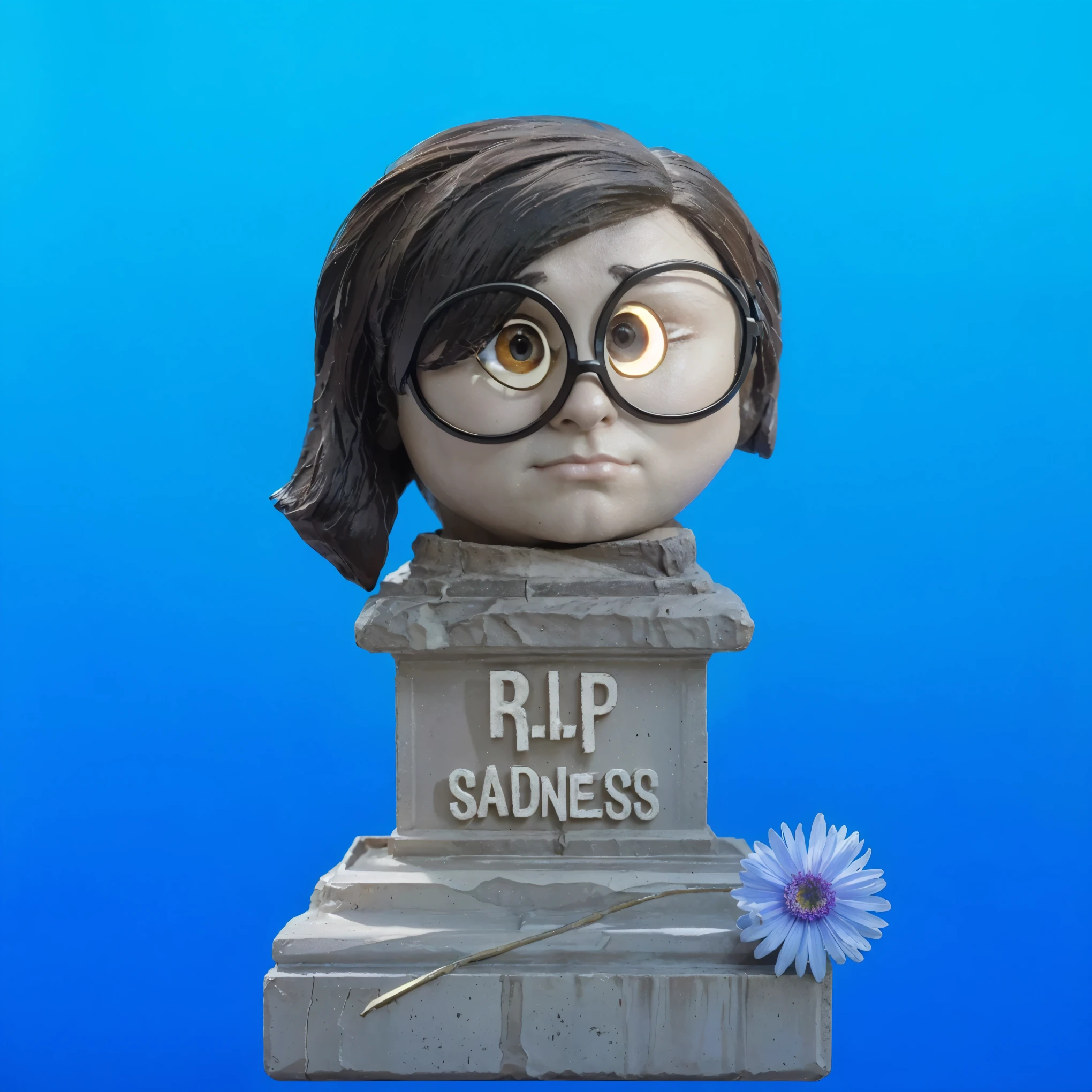 This image features a monument dedicated to Sadness, depicted as a somber and introspective character. The figure is styled with oversized, expressive glasses that magnify its sorrowful eyes, enhancing the emotive impact. Its hairstyle is simple and swept to the side, complementing the melancholic expression. The pedestal on which the figure rests is inscribed with "R.I.P SADNESS," symbolizing a tribute to overcoming or bidding farewell to sadness. A solitary blue flower rests against the gray stone, adding a subtle touch of color and a sense of delicate melancholy to the scene, set against a vivid blue background.___vibrant contrast to his attire and accessories.аffects render, (glossy plastic texture with multiple big light probe refractions), perfect cgi, smooth silhouette, high intensity refraction, (super glossy plastic material), most beautiful vfx, , realistic, 4k, high resolution, rim light, smooth 3d model, multiple light sources, rim light, sharp post effects render,, realistic, 4k, high resolution, rim light detailed digital art, reflective, best quality, 4k, masterpiece:1.2, ultra-detailed, realistic, vivid colors, The image of the highest quality, ensuring every detail showcased perfectly. It in 4k resolution, allowing viewers to immerse themselves in the richness of the colors and intricate details. The realistic rendering. under the spotlight, reflecting, high-resolution image, realistic rendering