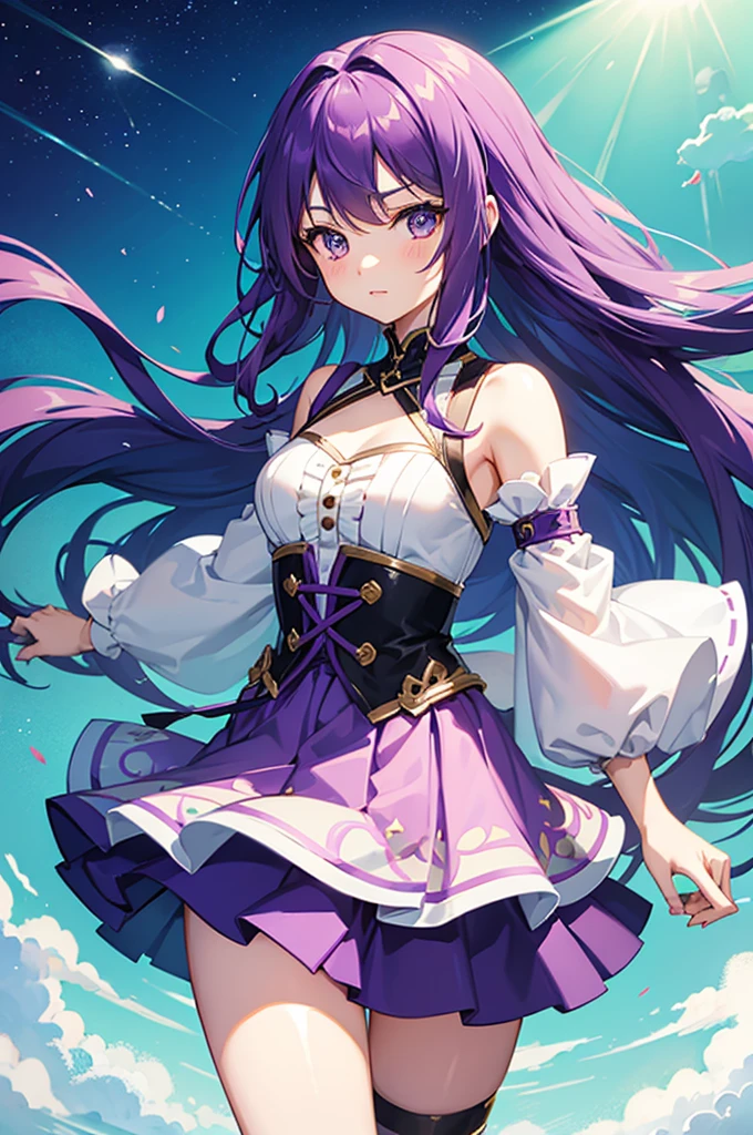 Cute girl with beautiful purple hair wearing a flowing Zario skirt.