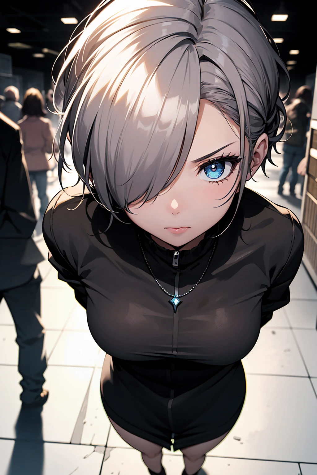 (Highest quality、High resolution、8k、masterpiece)。teeth、tongue、tongueを出す、（Original Character, (1 Girl)、Perfect Face、((short hair:1.2))、(Hair above one eye:1.3)、[[Disheveled Hair]]、Detailed eyes that shine、Light and shadow、Glowing Skin、 (Curvy but slim), ((High angle shot))、Sexy look、Use something sexy、（background：Remains）Full body、bracelet、necklace、Rough Fashion、Disheveled clothes、Oversized clothes、Follow the Silver Wolf、In Japanese retro anime style of the 80s and 90s、Create intense and evocative portraits。In this scene、Bathed in deep blue light、born々It depicts a woman with her eyes closed in a moment of intense emotion.。Her outfit is minimalist.、Dramatic shadows cast by the lighting。backgroundは殺風景で、The sharp contrast emphasizes her contours.。The blue and black palette enhances the atmosphere.、Evokes a sense of mystery and enchantment。Subtle film grain and meticulous shading add depth and texture.、Emphasize the emotional weight of the scene。照明が明暗法効果をbornみ出し、It emphasizes her expressive pose and intense mood.。