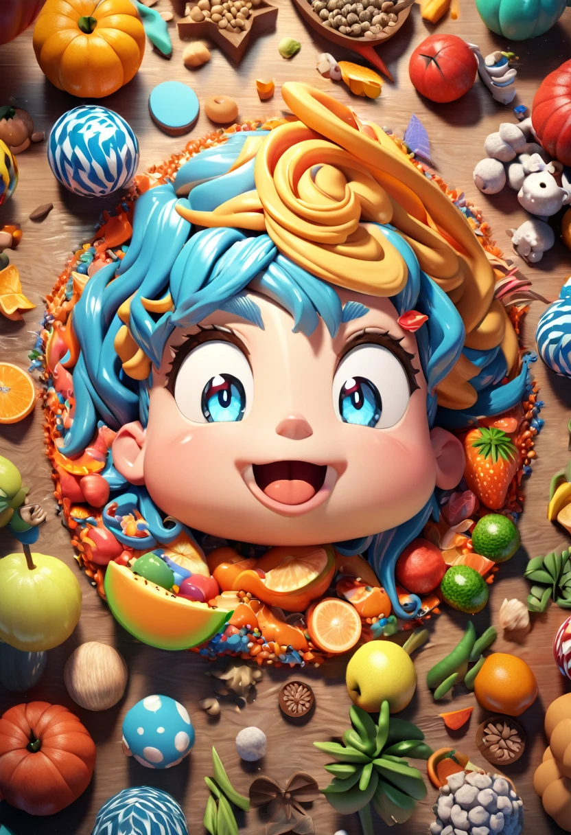 detailed colorful cartoon fruit borders, 1 large central blank rectangle, 16:9 aspect ratio, vibrant colors, whimsical, lively, playful, detailed textures, appetizing, photorealistic, 3D render, studio lighting, sharp focus, best quality, 8k