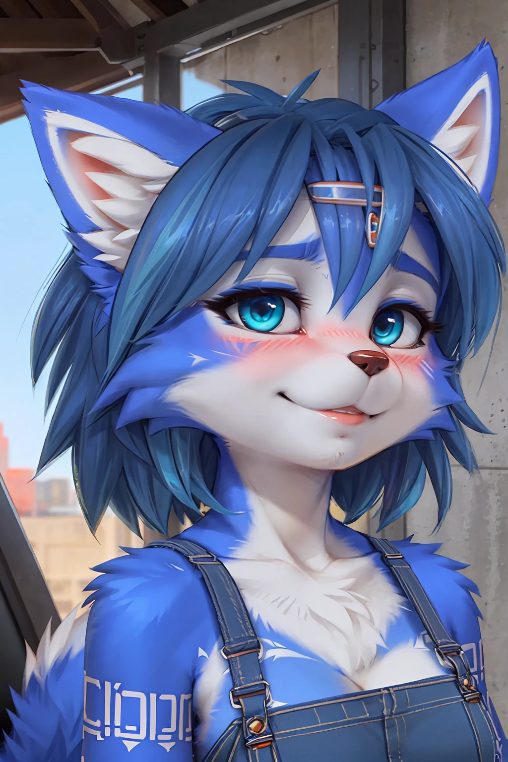 A beautiful and detailed (sweet portrait) wa ((krystal)), Star Fox krystal, sslim, green eyes, medium breasts, (((Long blue hair 1.3))), Decollete, look up, anthro, furry, Uploaded E621, detailed fluffy fur, (wa Fluff-Kevlar, Bayard Wu, personalize me, Pino Daeni), detailed face, (fluffy), 1 girl, alone, sweet girl, blue overalls, Viewers look at, Shy smile, blush,
