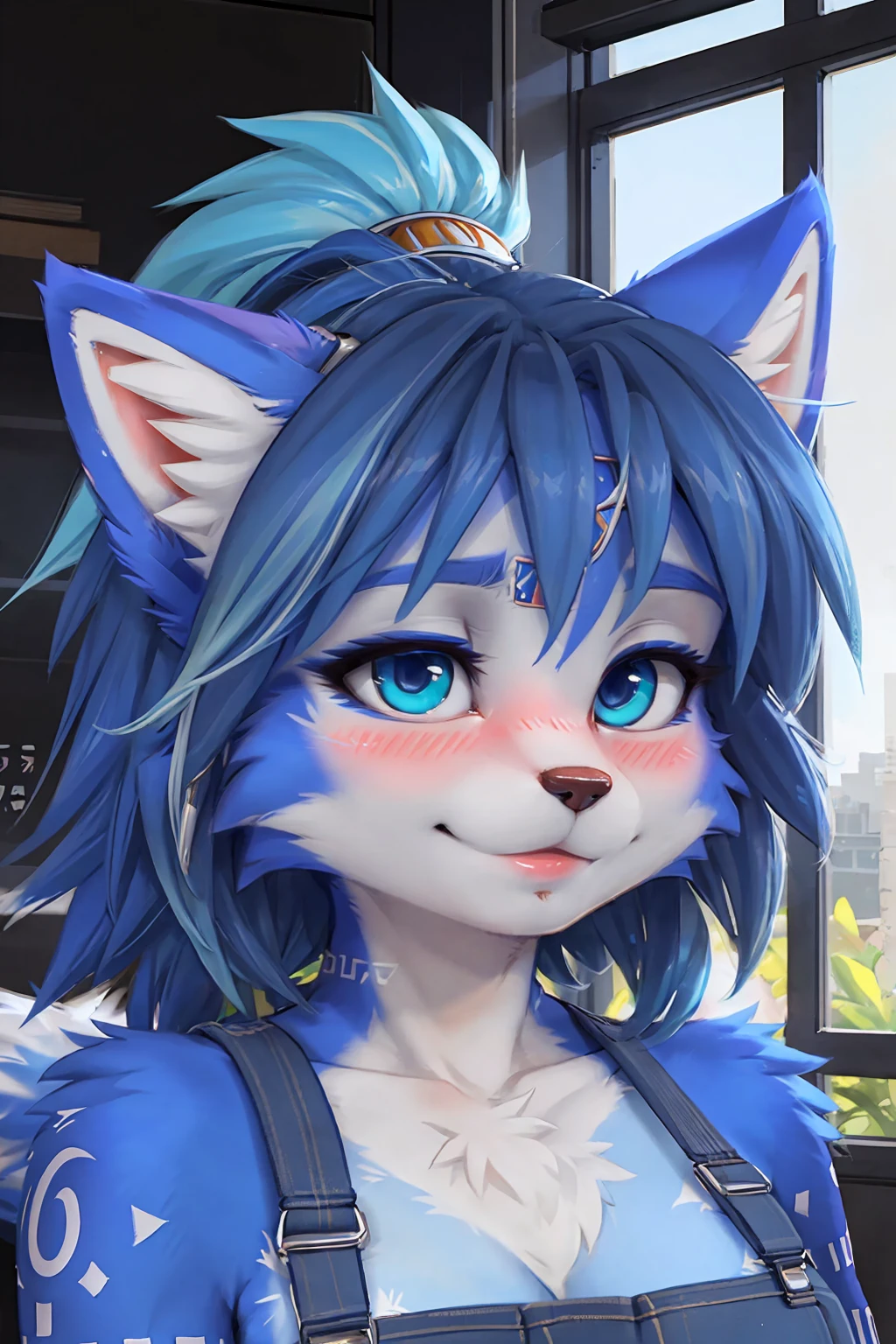 A beautiful and detailed (sweet portrait) wa ((krystal)), Star Fox krystal, sslim, green eyes, medium breasts, (((Long blue hair 1.3))), Decollete, look up, anthro, furry, Uploaded E621, detailed fluffy fur, (wa Fluff-Kevlar, Bayard Wu, personalize me, Pino Daeni), detailed face, (fluffy), 1 girl, alone, sweet girl, blue overalls, Viewers look at, Shy smile, blush,
