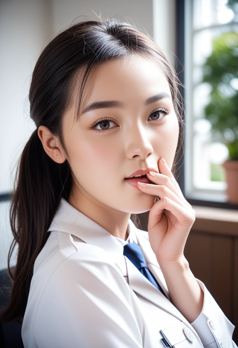 8k, raw photo, best quality, masterpiece, realistic, photo realistic, clear, professional lighting, beautiful face, best quality,ultra high res, realistic japanese beautiful, Super detailed, 1girl, clothed, indoor, hand to own mouth