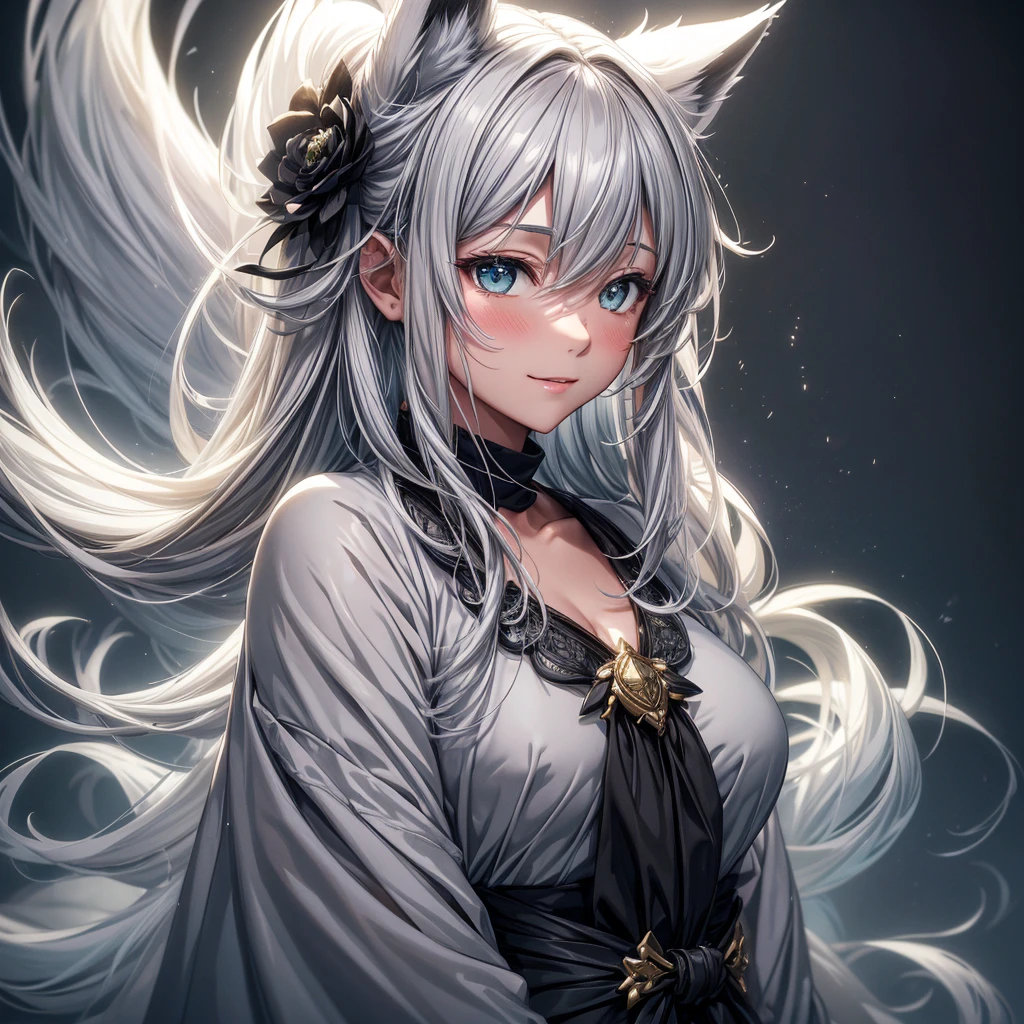 (masterpiece), 8k CG, Stunningly beautiful girl, Intricate details, chromatic aberration, ((Bust Shot)), ((View your viewers)), One girl, Shirakami Fubuki, (Long Hair, (Gray Hair) White Fox Ears),A very beautiful and delicate portrait, Cute Face, Big smile, Joyful, Soft Cheeks, blush, compensate, Absurd, Cinema Lighting, Dynamic Lighting, Fantasy, ((Dark Background, fog))