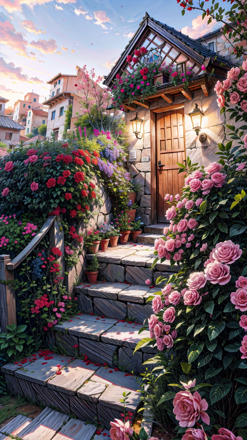 painting of a beautiful house front decorate with many roses,pink and half glass door, stone pathway,small stairs to the door, hanging door lamps, sunkissed image,flowers, beautiful art uhd 4 k, a beautiful artwork illustration, beautiful digital painting, highly detailed digital painting, beautiful digital artwork, a bustling magical town, mediterranean fisher village, mediterranean city, detailed painting 4 k, ancient mediterranean village, very detailed digital painting, rich picturesque colors, gorgeous digital painting